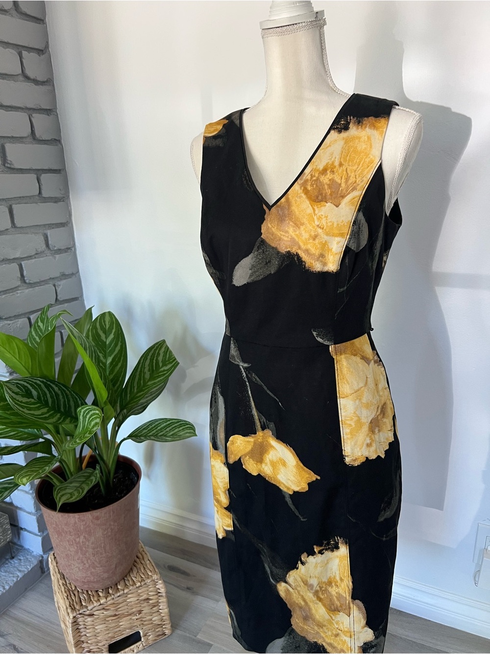 White House Black Market Black Dress with Yellow Floral Print